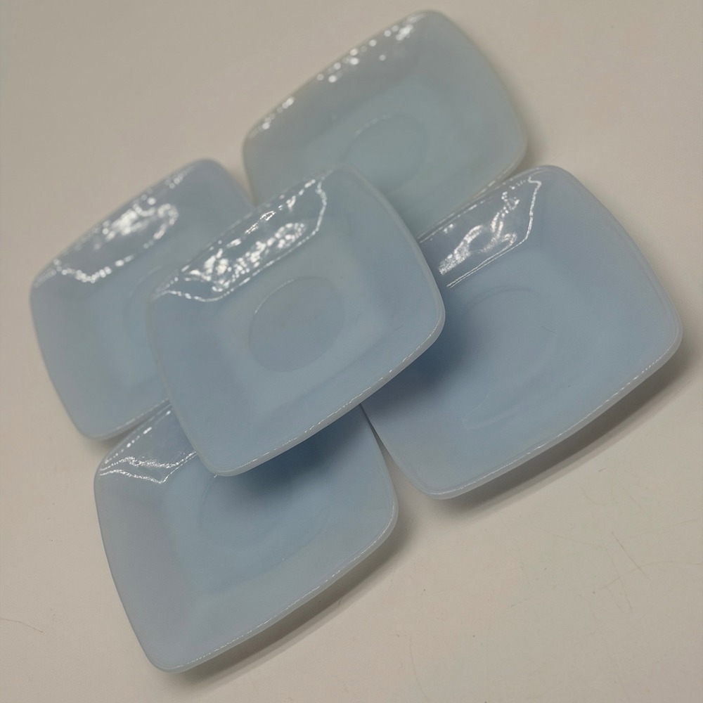 Fire-King Azur-ite Charm Blue Milk Glass Square Saucers Set of 5 MCM 1950s